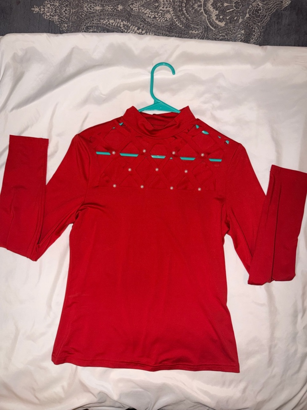 Red Long Sleeve Cutout Mock Neck Top